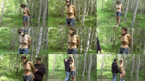 Slavegirl is blindfolded tied to a tree -  She tormented outdoors, It hurts so much