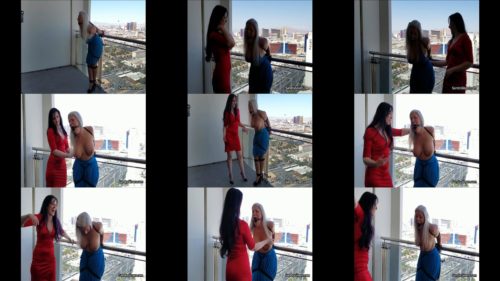 Socialite Sandra Silvers gagged  with ropes black ball gag - Exposed and taunted in balcony torment by bad girl Caroline Pierce