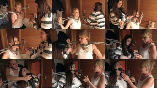 Pump gag Challenge - Anastasia and Maya with metal collar and metal cuffs - Who can last the longest with the gag?