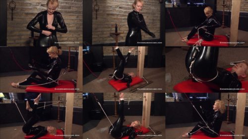 Latex bondage - Tied Anita De Bauch up  in skin tight black latex with crotch rope and metal cuffs. She is  doing gym exercises and enjoying her bondage - Self bondage