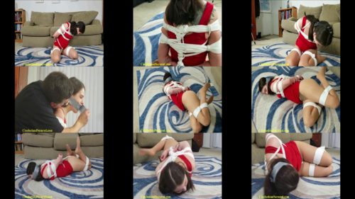 Jeanette’s Silent Struggle -  Jeanette is bound in a tight frog tie  with ropes, She gagged in red dress with crotch ropes - Box Tie -  Rope Bondage