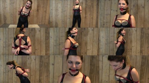 Leather collar - Dominant Kristin is tied up with tight tie, red ropes and leather collar - Gagged Mistress Kristin – Angry