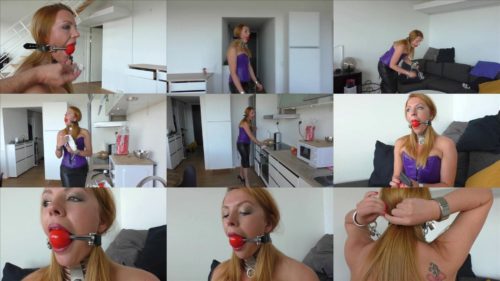  The small bondage party - Housewife Kate is ball gagged and cuffed with metal collar