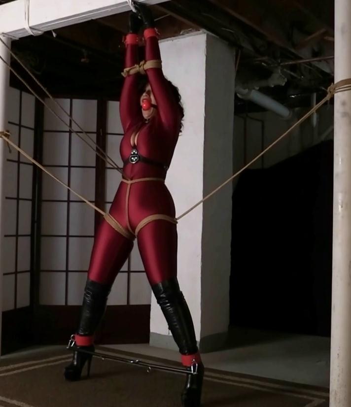 Rope bondage - Enchantress Sahrye is tied with ropes in red spandex catsuit - Trapped in the basement dungeon HD