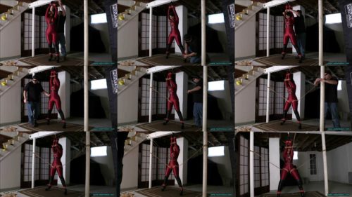 Rope bondage - Enchantress Sahrye is tied with ropes in red spandex catsuit - Trapped in the basement dungeon HD