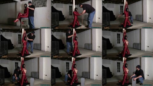 Sweet bound Sarah Brooke with ropes is fitted with a tight leather hood  in hugging spandex catsuit - Hooded and Tormented in the Basement Dungeon HD