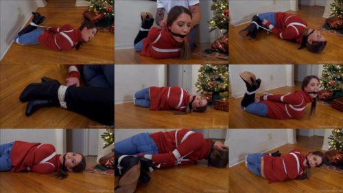 Chrissy Marie is tightly bound in rope in christmas turtleneck - Drooling underneath the Christmas tree