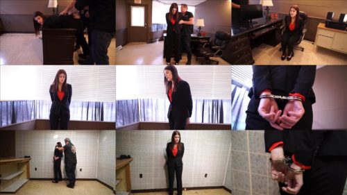 Michele James is arrested with handcuffs and leg shackles at her office part 1 of 2 - Metal bondage