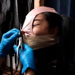 Face humiliation - Japanese PVC maid gets ted and rorced to wear panties on her head with a nose hook - Rope bondage