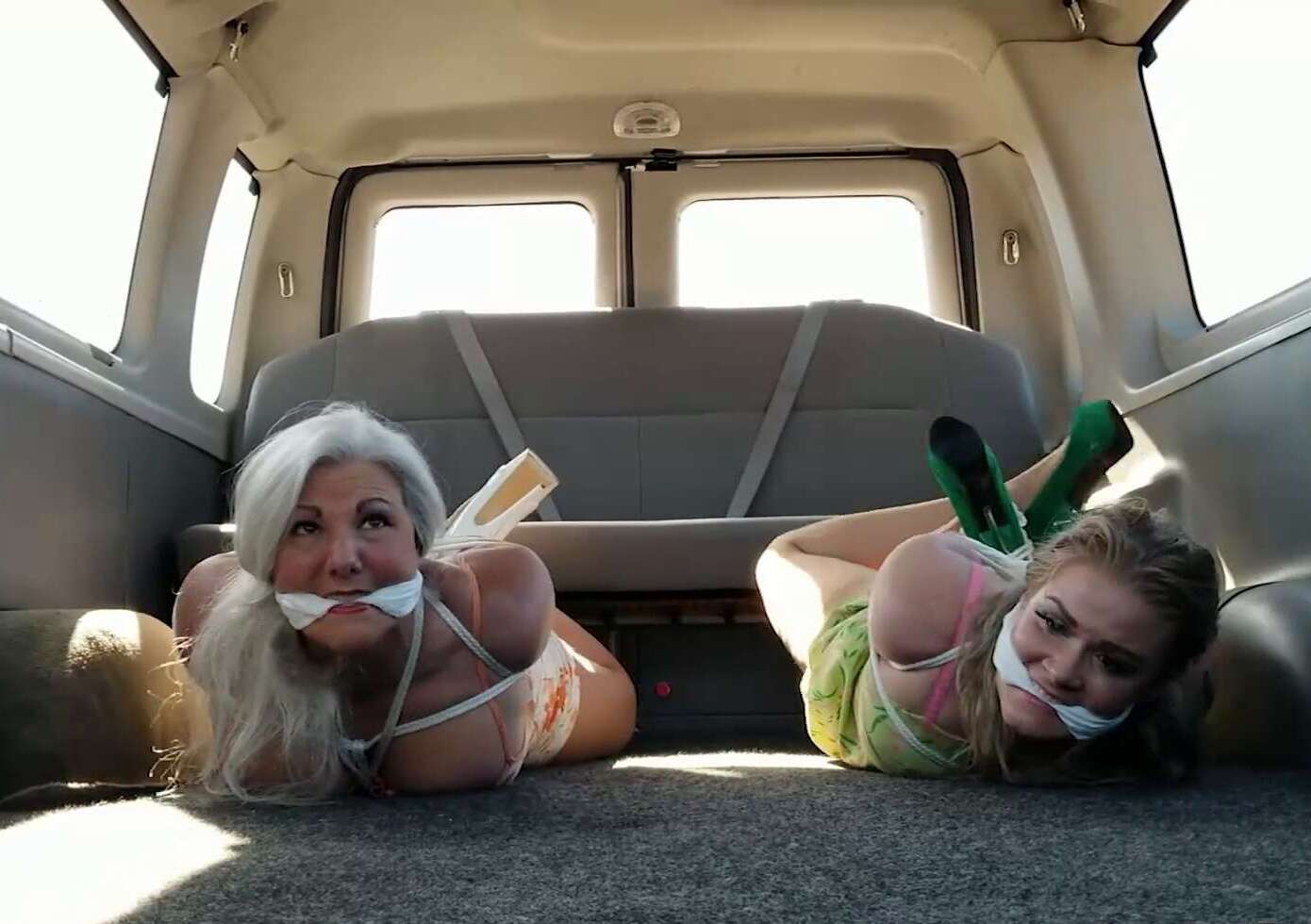 Female Bondage - Milf Sandra Silvers & Whitney Morgan Hogtied in Heels - Get a Surprise Van Ride Part 1