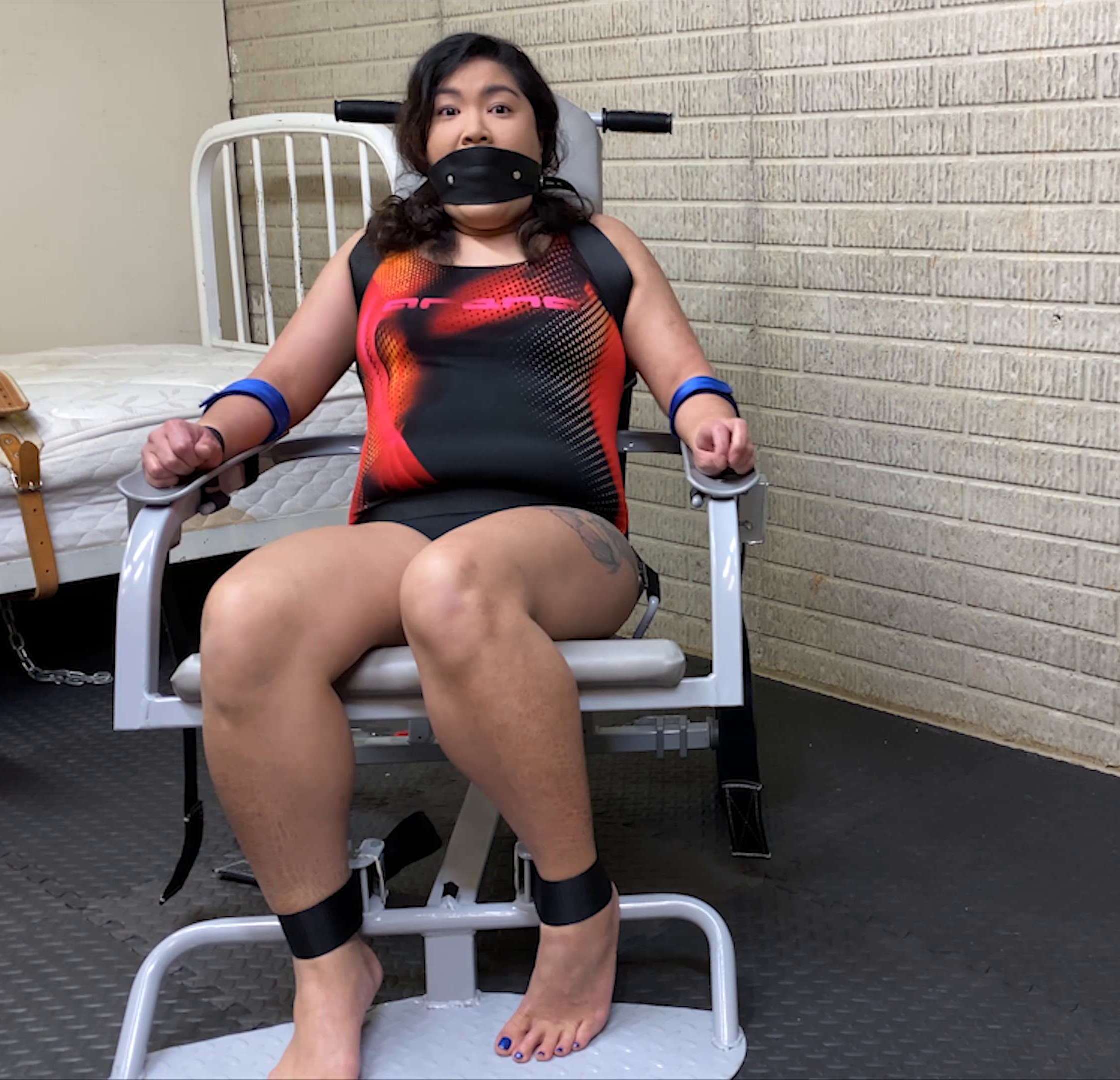Female Bondahe - Predicament Bondage - Kim Chi sits down restraint chair challenge - Swimwearbondage