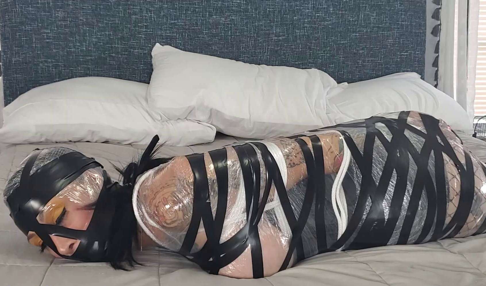Helpless Luna Dawn is wrapped with tape - Mummified Miscalculation - Cinched and Secured - Bondage M/F