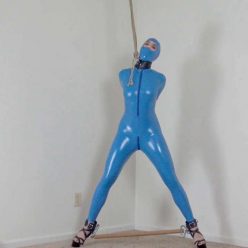 Cuffed Arielle Lane - Blue Catsuit, Gwen Hood, Neck Rope, and Spreader Bar - Officeperils