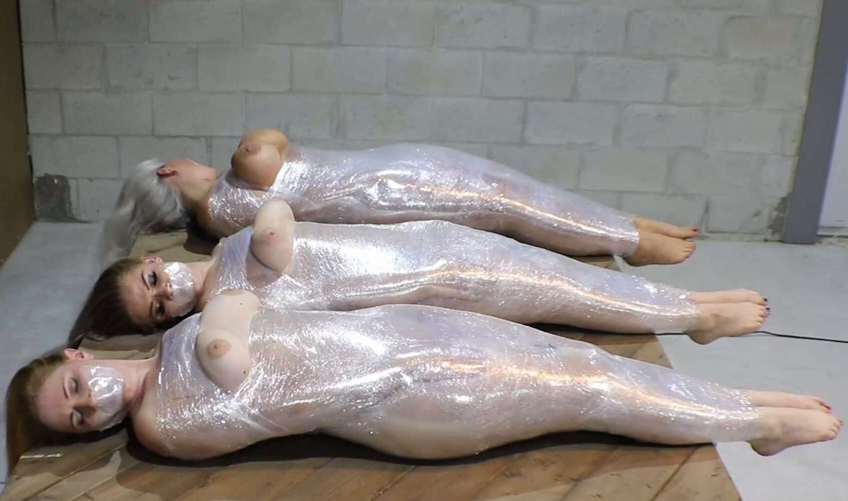 Sandra Silvers, Whitney Morgan and Lisa Harlotte - See-Through Pallet Wrap & Plenty o' Orgasms in this Triple Mummified MILF Bondage Treat! Close Up Bare Feet! Boobs Out Mummification!