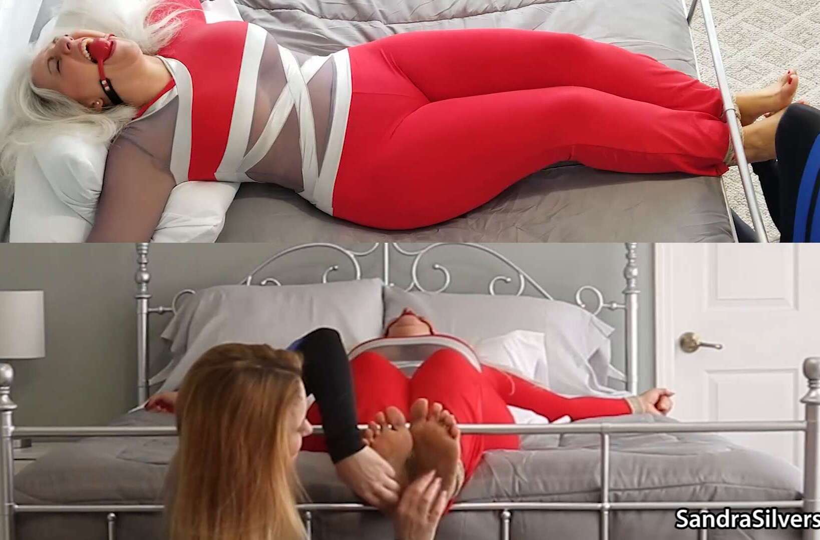Female Bondage - Hot from a Night Out Dancing, Catsuited Disco-Divas Sandra & Lisa Slip off Stilettos for Tied Up Toe Tickling, Oiled Up Foot Massage and Bare Feet Encasement in Plastic Wrap!