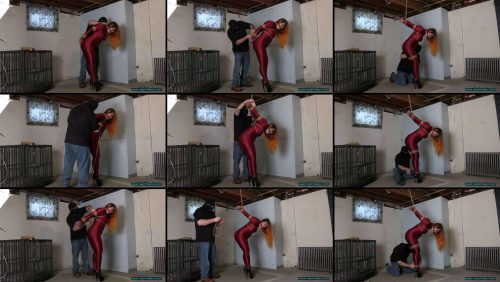 Rope Bondage - Quinn Carter Strappado in a Spandex Catsuit and Skysc****r High Heels!