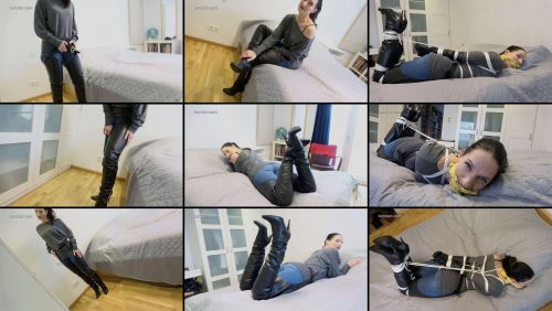 Paula gets hogtied and gagged in chapboots - Rope Bondage
