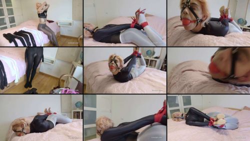 Pixie changes from boots to a pantyhose encasement hogtie - Rope Bondage
