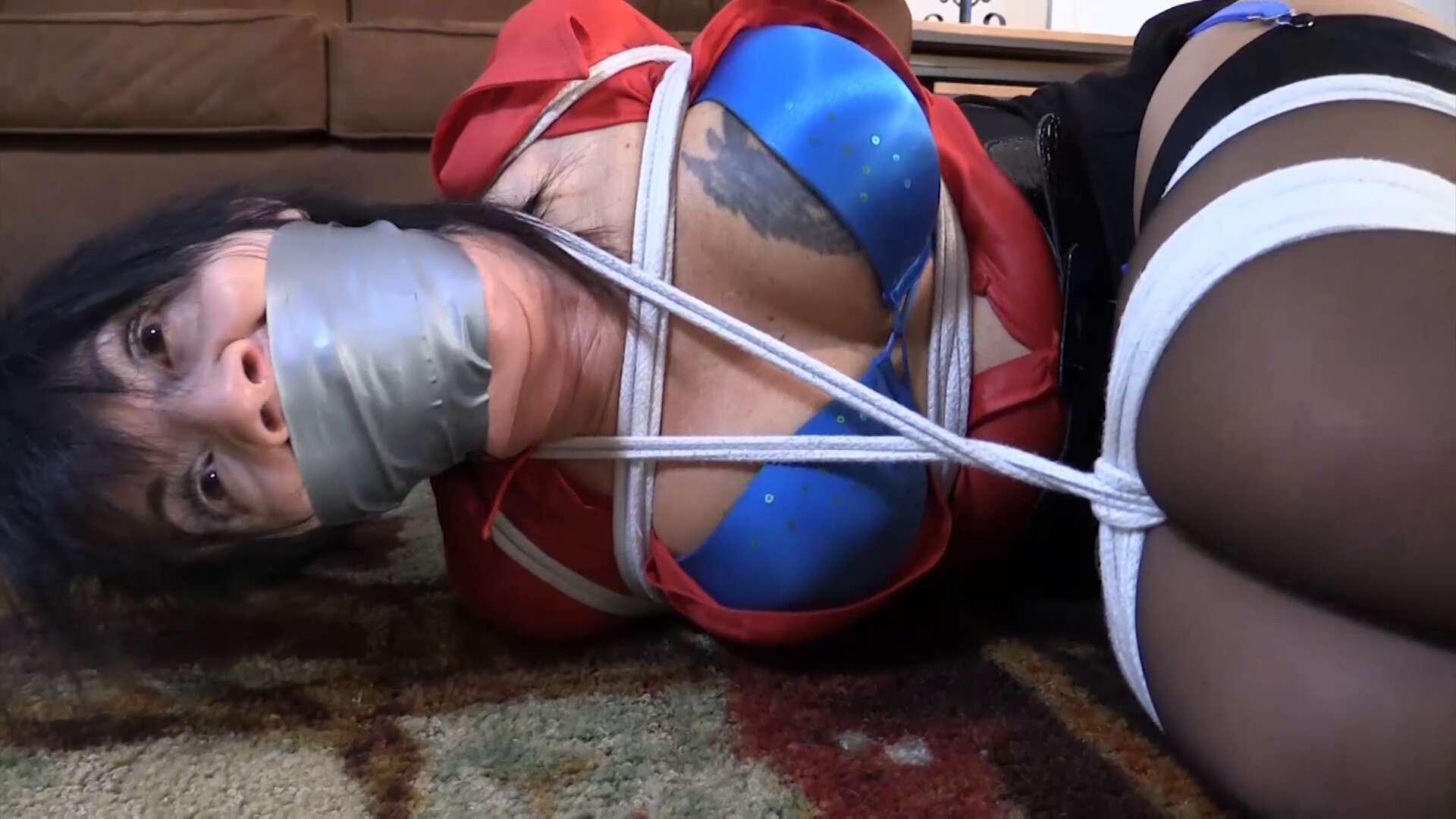 Busy Body MILF neighbor kept bound gagged and tucked away
