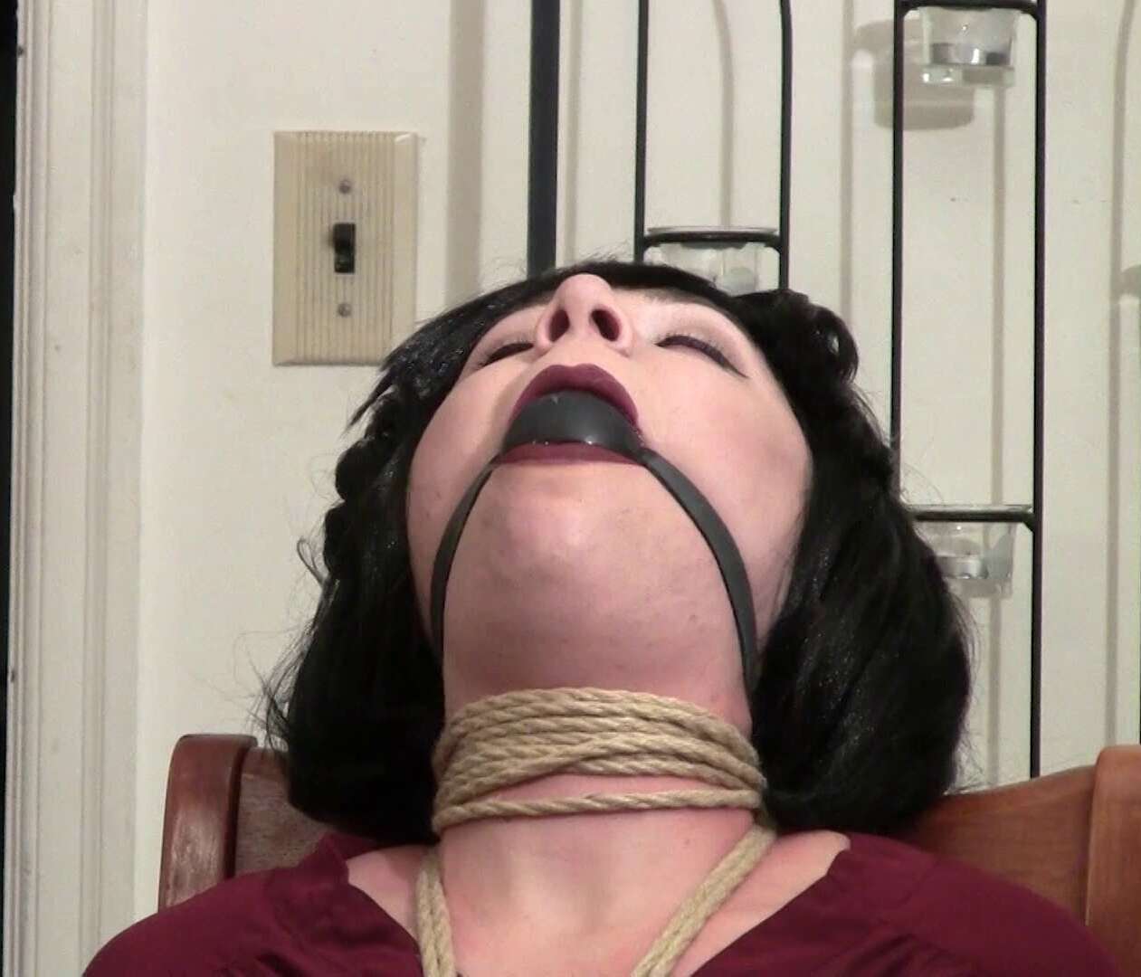 Megan tries to get loose from her chair tie - Rope Bondage
