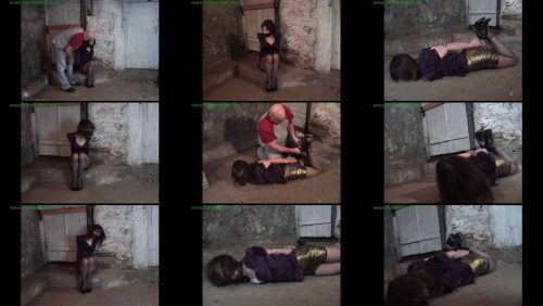 Sexy girl hogtied with evil wire in his cellar